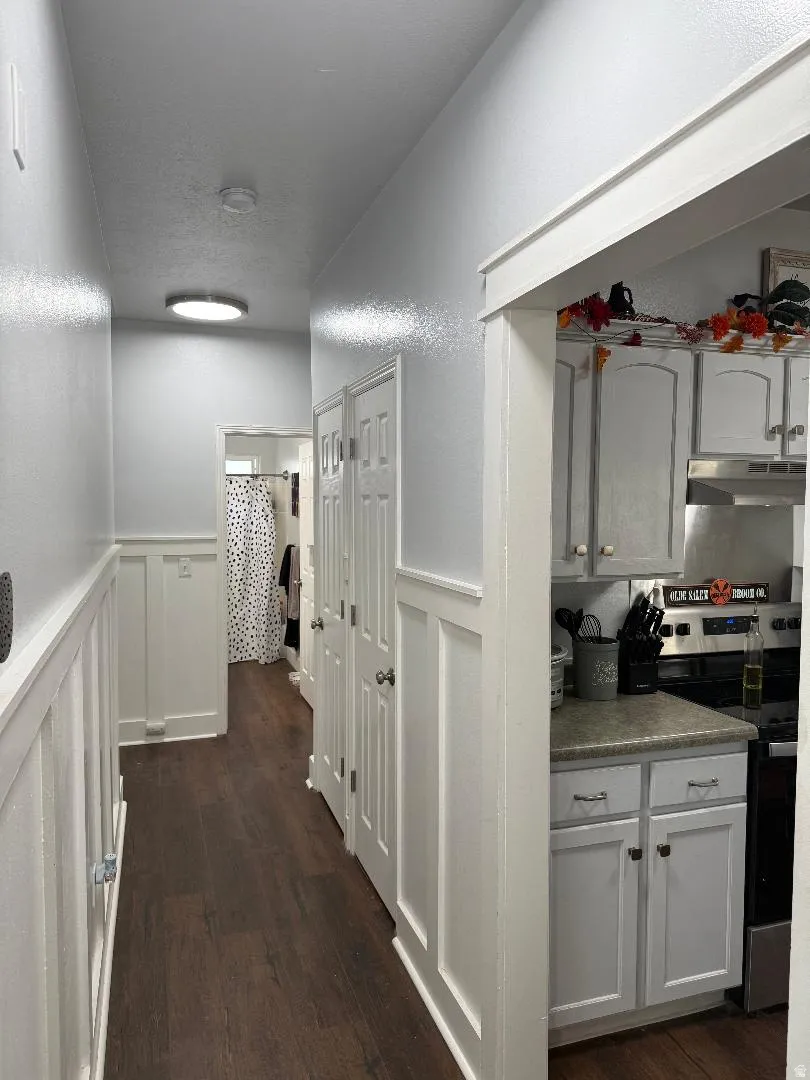 Hallway featuring wainscoting, dark wood-type flooring, and a decorative wall