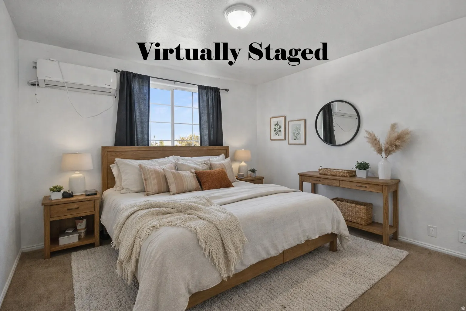 Carpeted bedroom featuring baseboards and a wall mounted AC