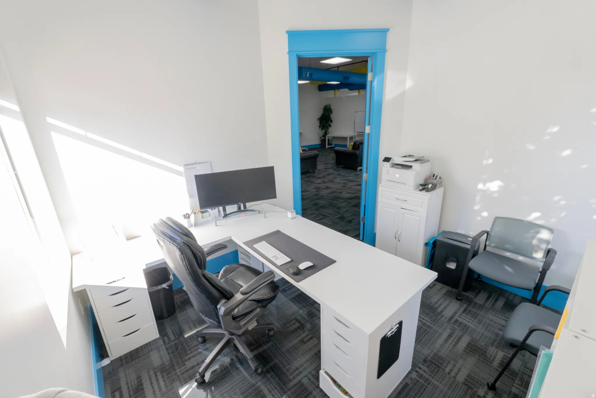 Office space with dark colored carpet
