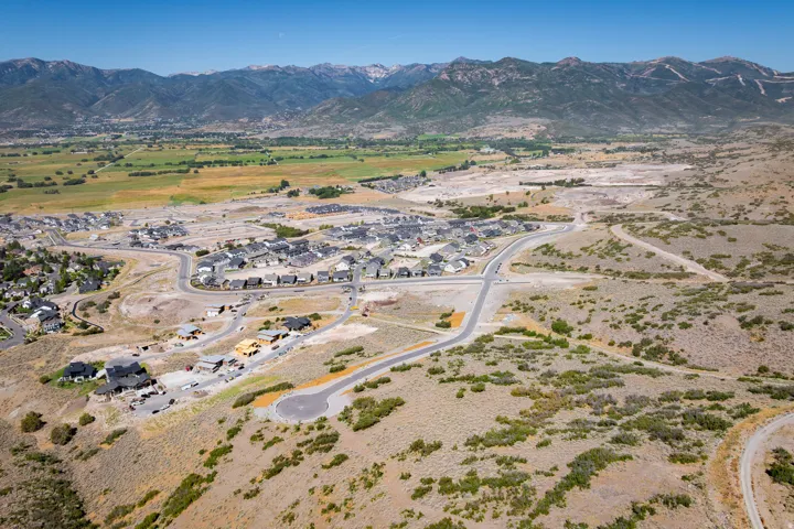 Aerial perspective of suburban area with a mountain backdrop