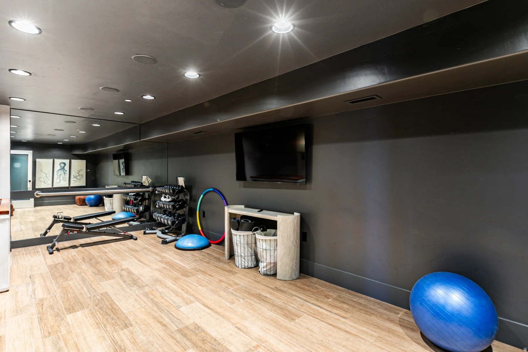 Exercise area with recessed lighting