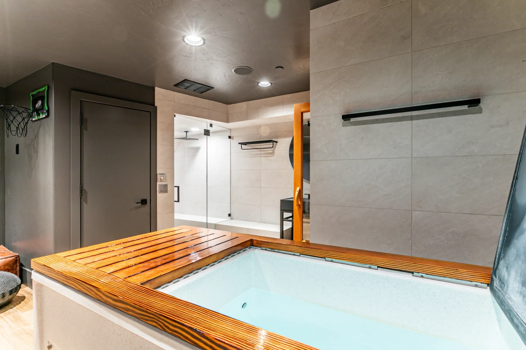 Bathroom featuring recessed lighting and a shower