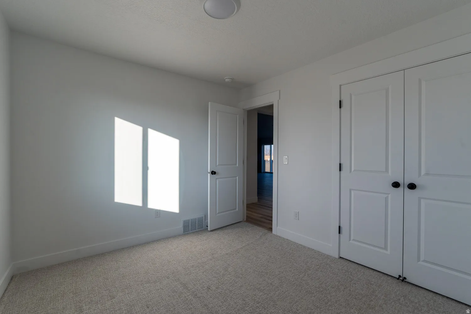 Unfurnished bedroom with carpet floors, multiple windows, and a closet