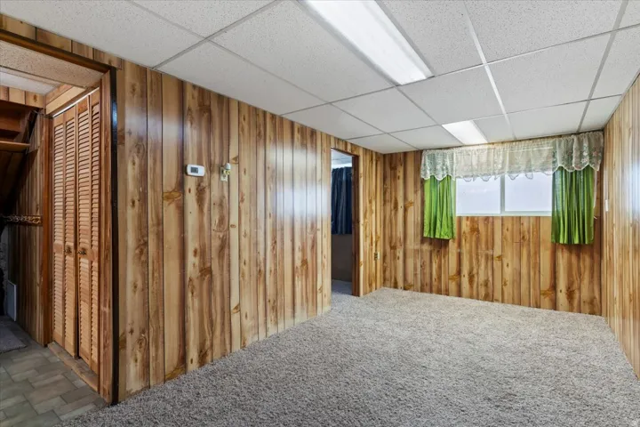 Below grade area featuring a drop ceiling, carpet floors, and wooden walls