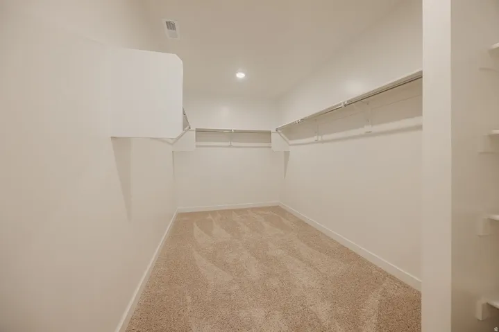 Recessed lighting, light-colored carpeting, and built-in closet shelving and hanging rods