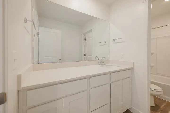 White vanity with a single basin, ample countertop space, and large wall-mounted mirror