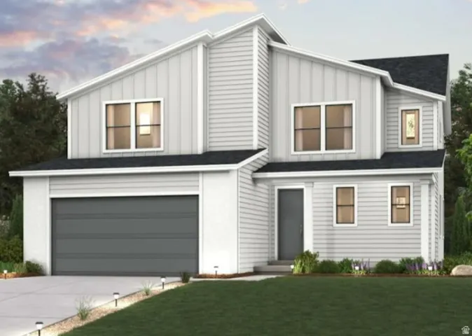 Contemporary home with board and batten siding, a garage, a front lawn, and concrete driveway