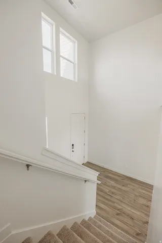 Bright stairwell featuring carpeted treads, wood-finish flooring, and abundant natural light from upper windows