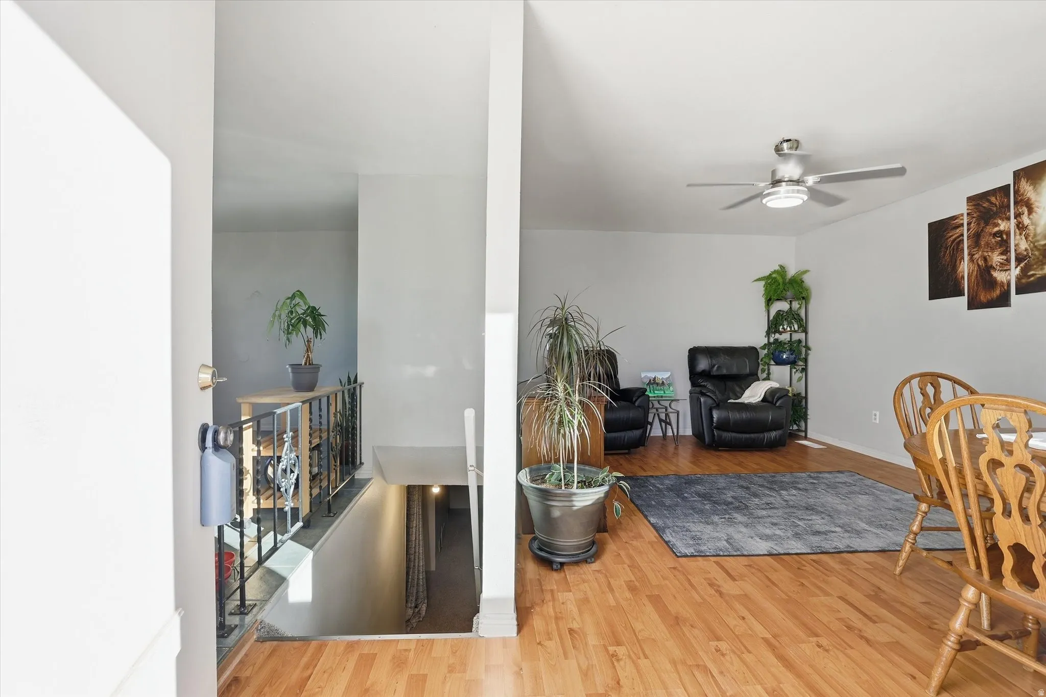 Living room with light wood finished floors and a ceiling fan