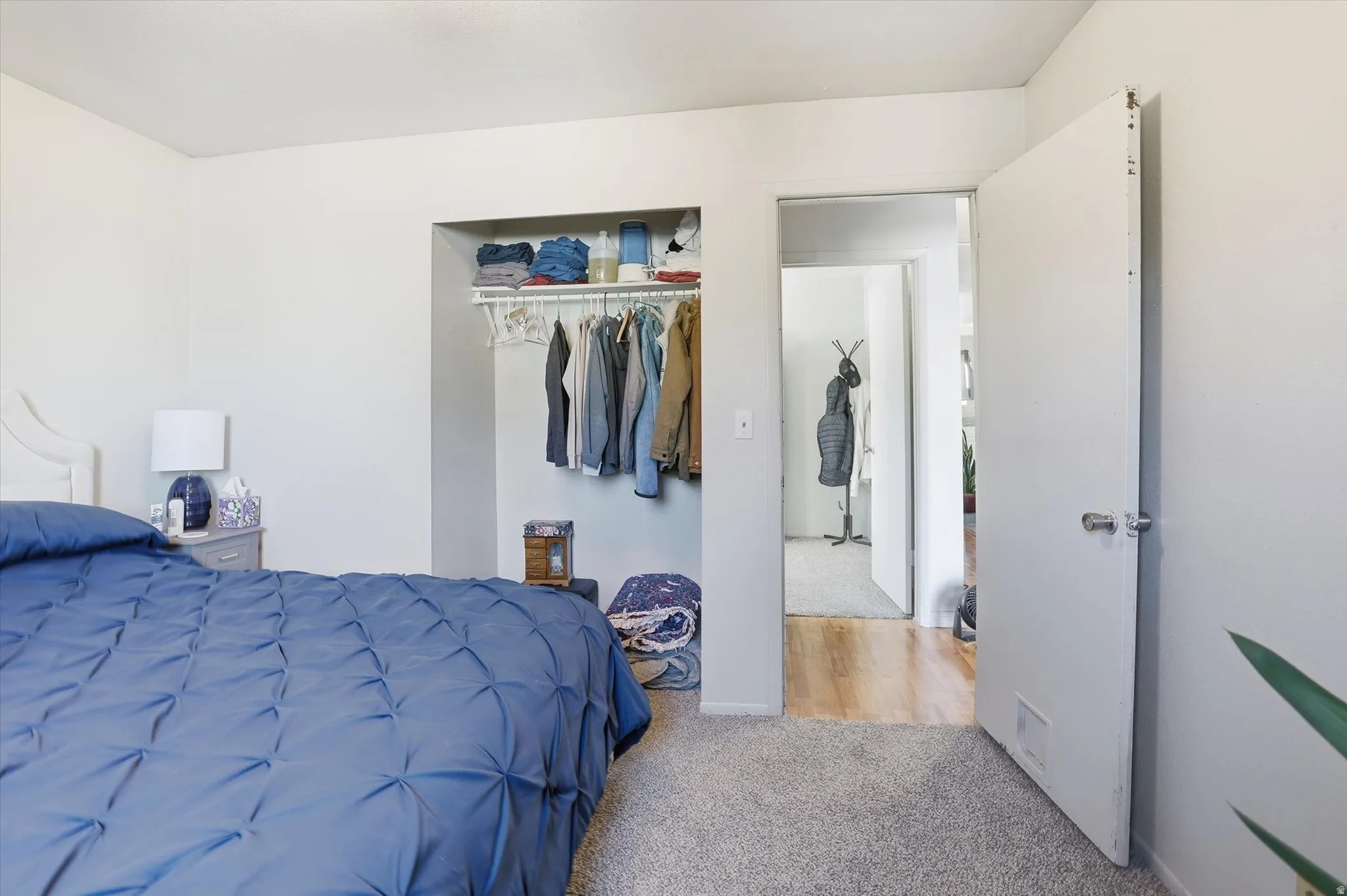 Bedroom with carpet floors and a closet