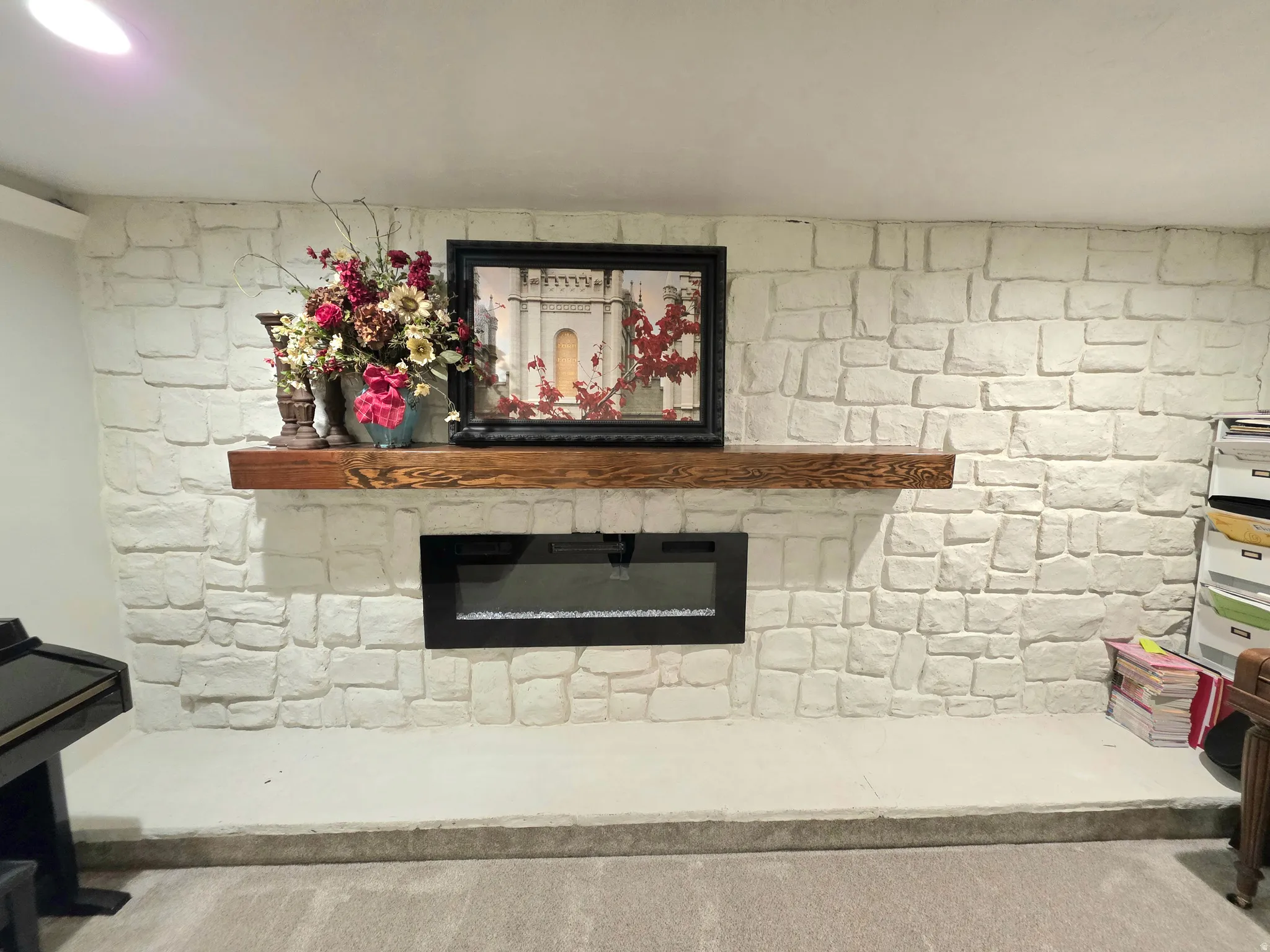 Detailed view of a glass covered fireplace