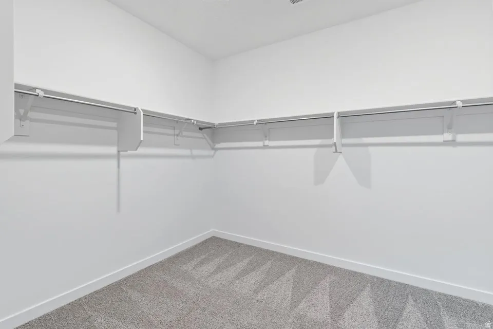 Walk in closet featuring light colored carpet