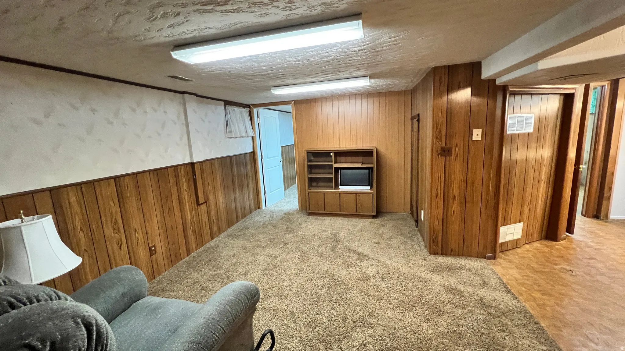Finished basement with wooden walls, a textured ceiling, and light colored carpet