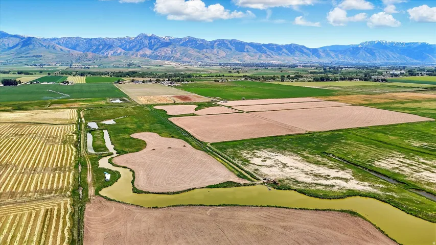 Aerial view of abundant farmland and mountains
