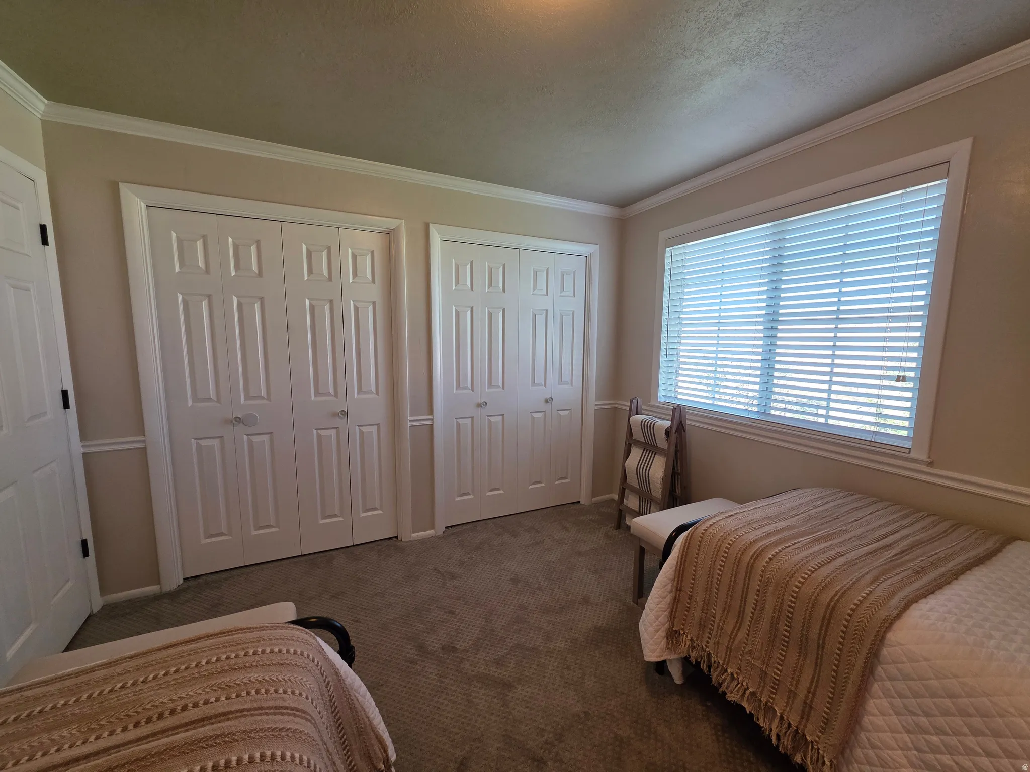 Carpeted bedroom featuring two closets, ornamental molding, and a textured ceiling