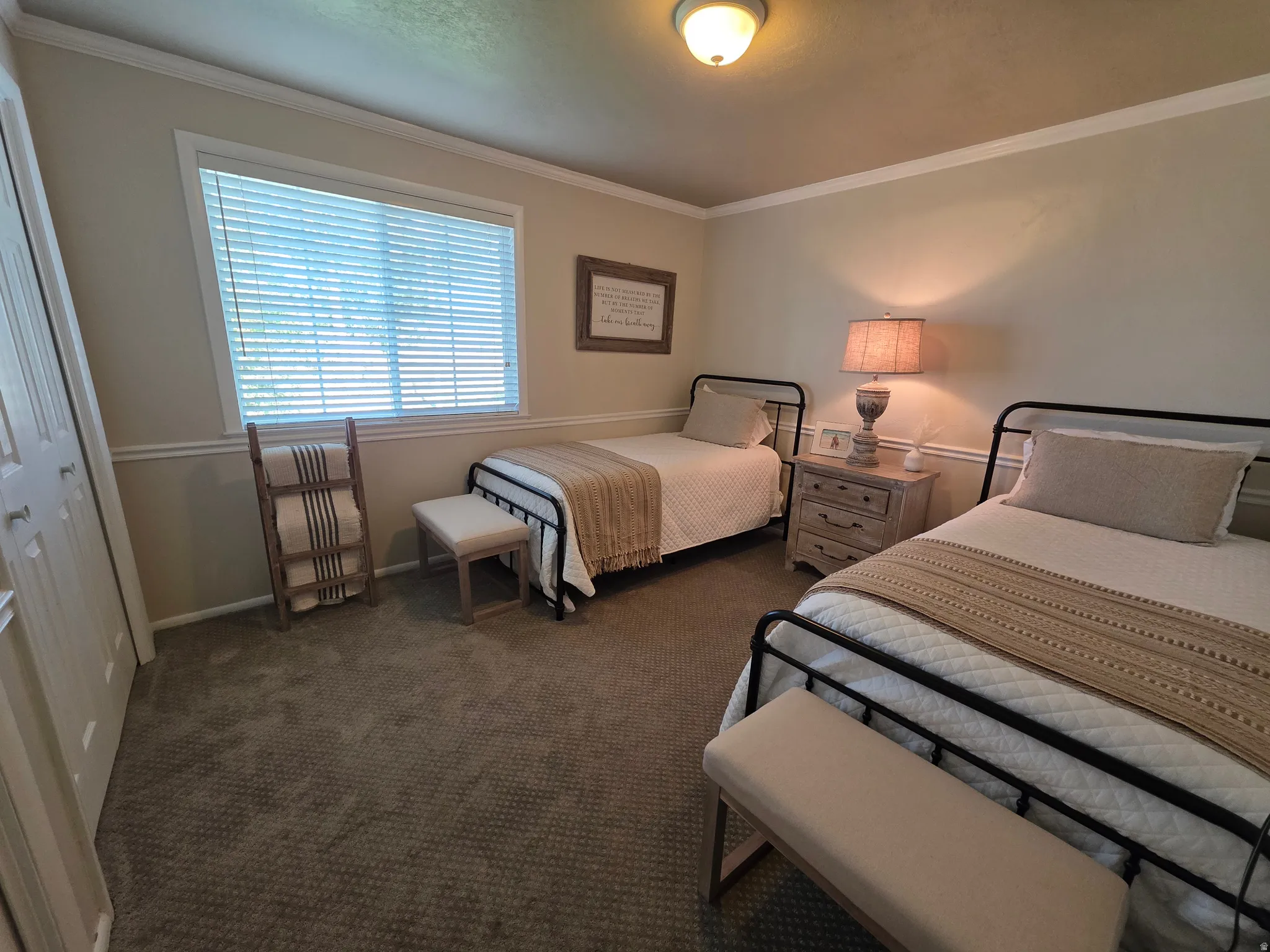 Carpeted bedroom with ornamental molding and a closet