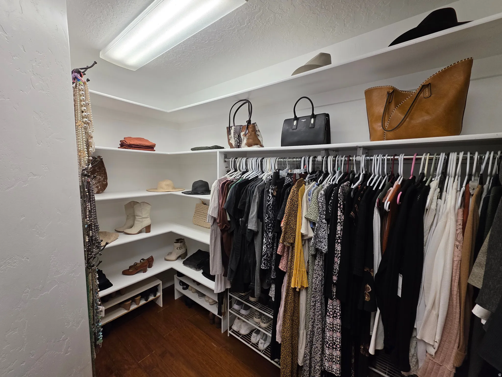 Walk in closet with dark wood finished floors
