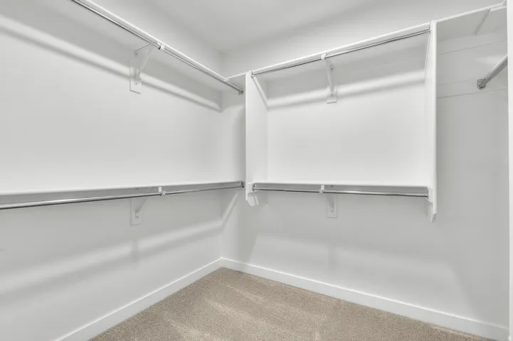 Spacious closet with light colored carpet