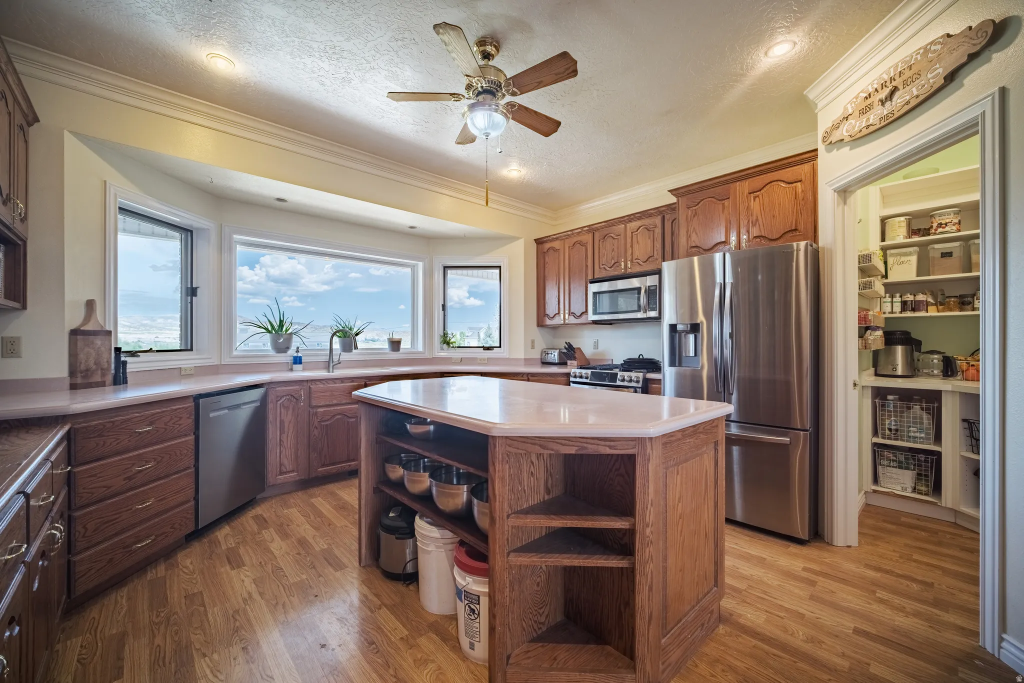 Kitchen featuring a curved window bay, wood-finish flooring, a central island with integrated shelving, stainless steel appliances, and a walk-in pantry