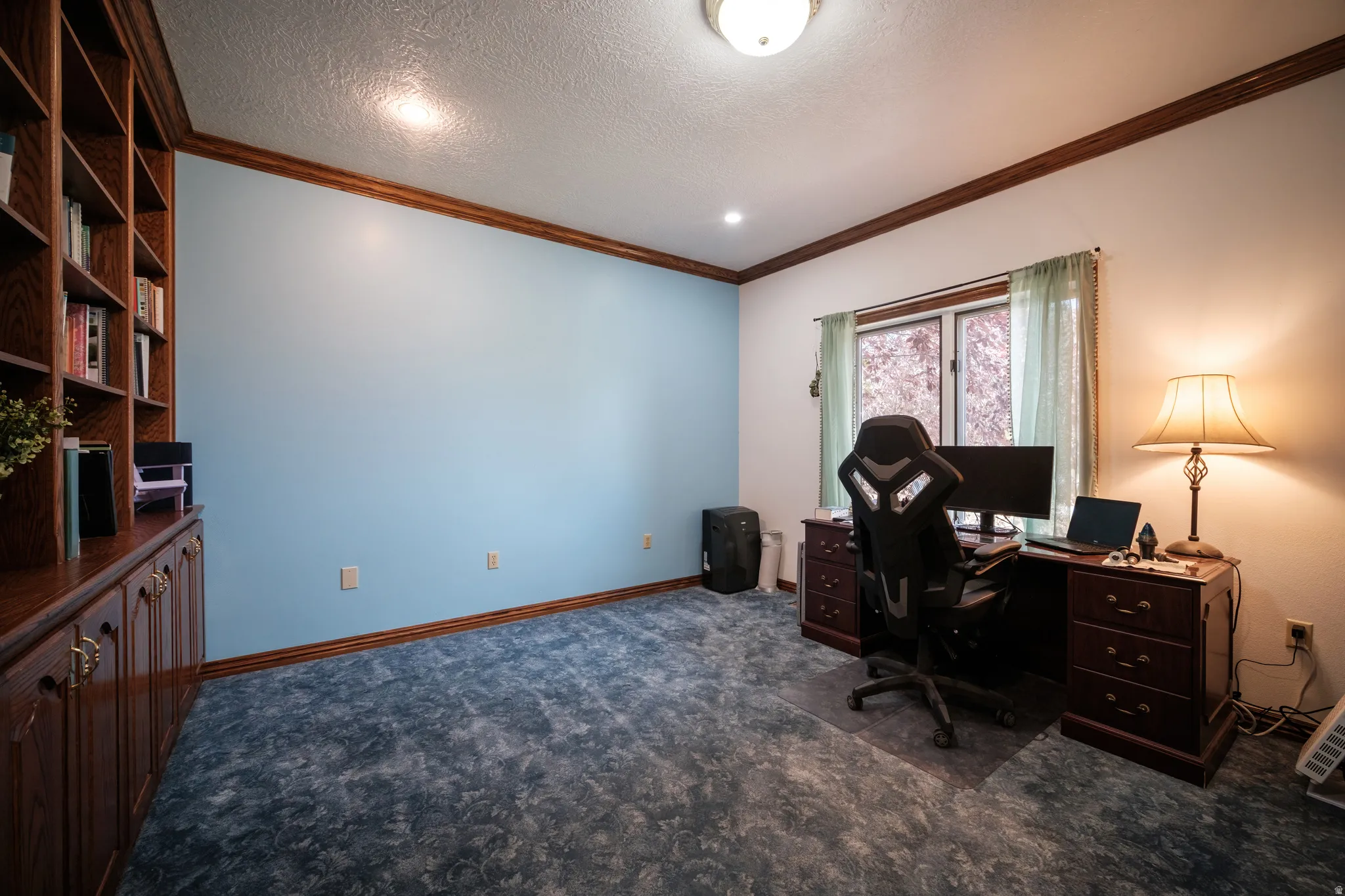 Room featuring a built-in wood-finish shelving unit with integrated cabinetry, blue carpeting, light blue wall accent, natural wood trim, and a window providing natural light