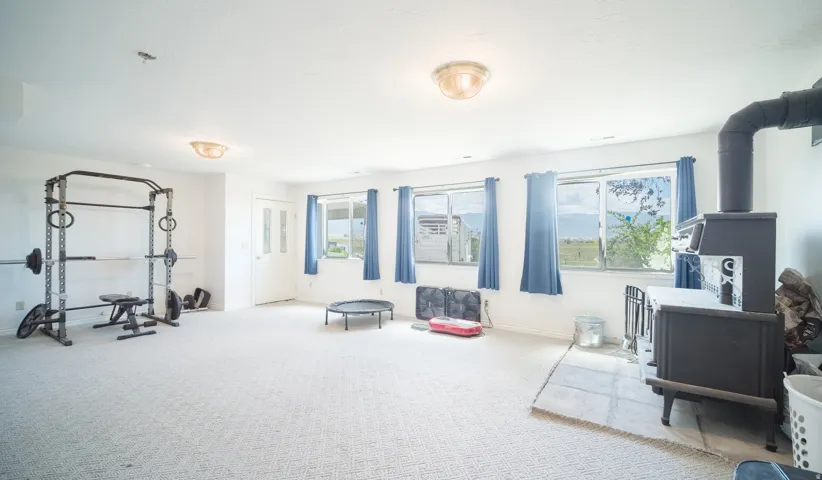 Spacious interior room with light-toned carpet flooring and a built-in wood-burning stove with a stone hearth
