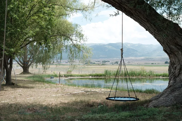Expansive outdoor area featuring mature trees, a tranquil pond, and a distant mountain range