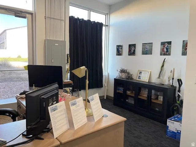 Office area featuring dark carpet