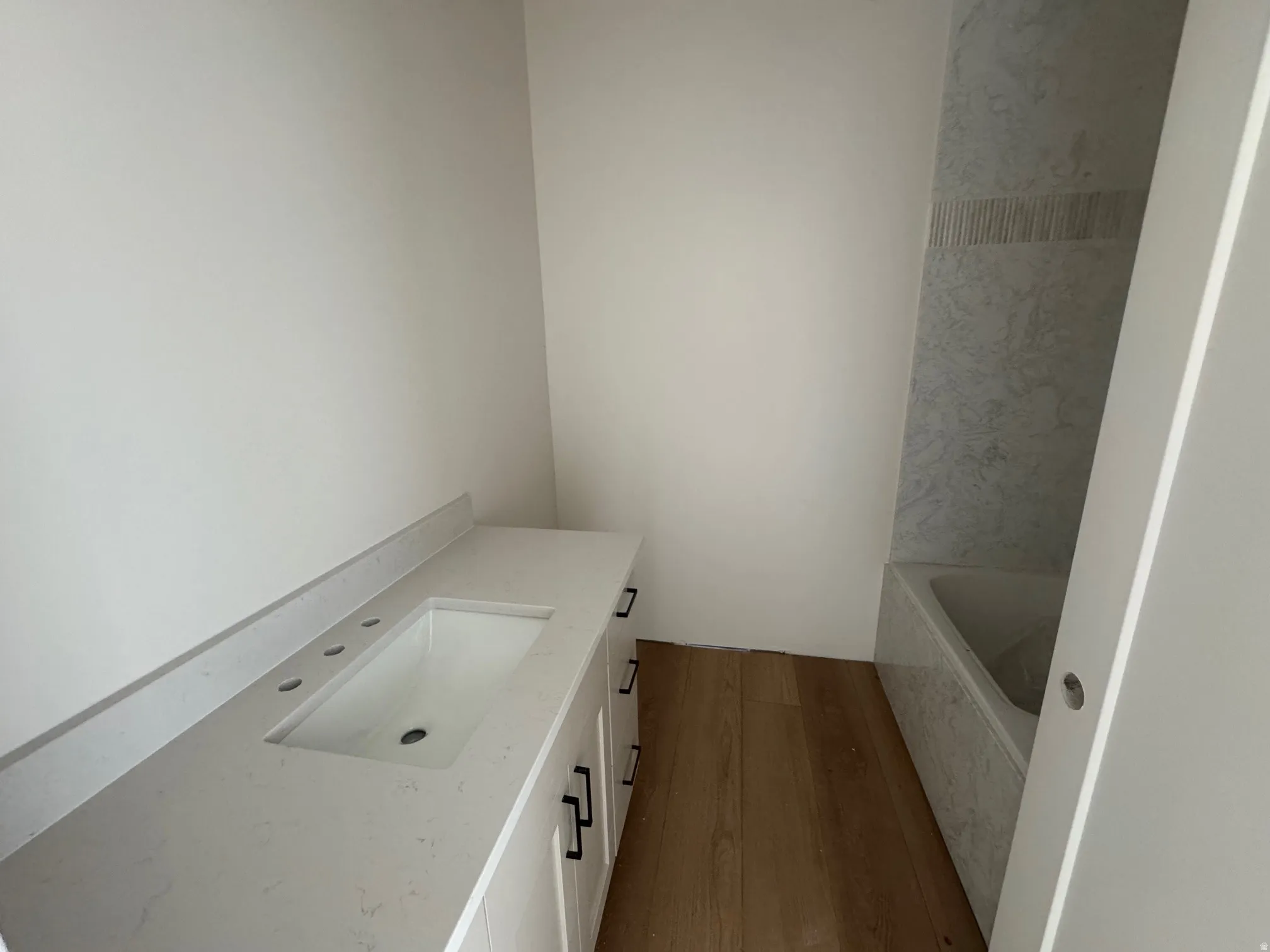 Bathroom with vanity and dark wood-style flooring