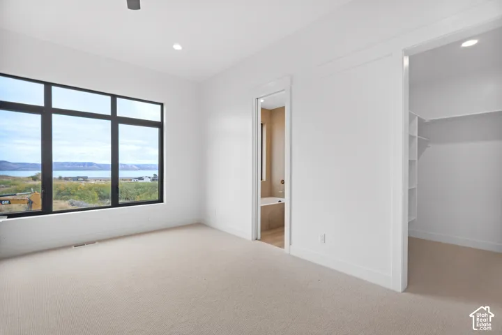 Expansive window with black framing, recessed lighting, neutral-toned carpeting, and a built-in closet with shelving