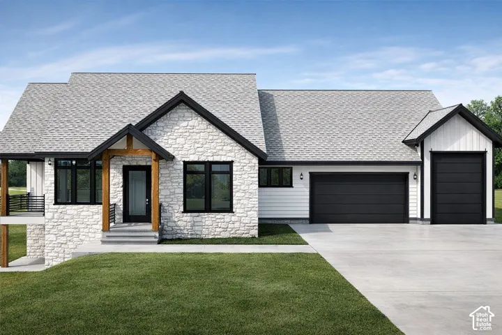 Stone and siding exterior with a covered entry, black-framed windows, and multiple garage doors
