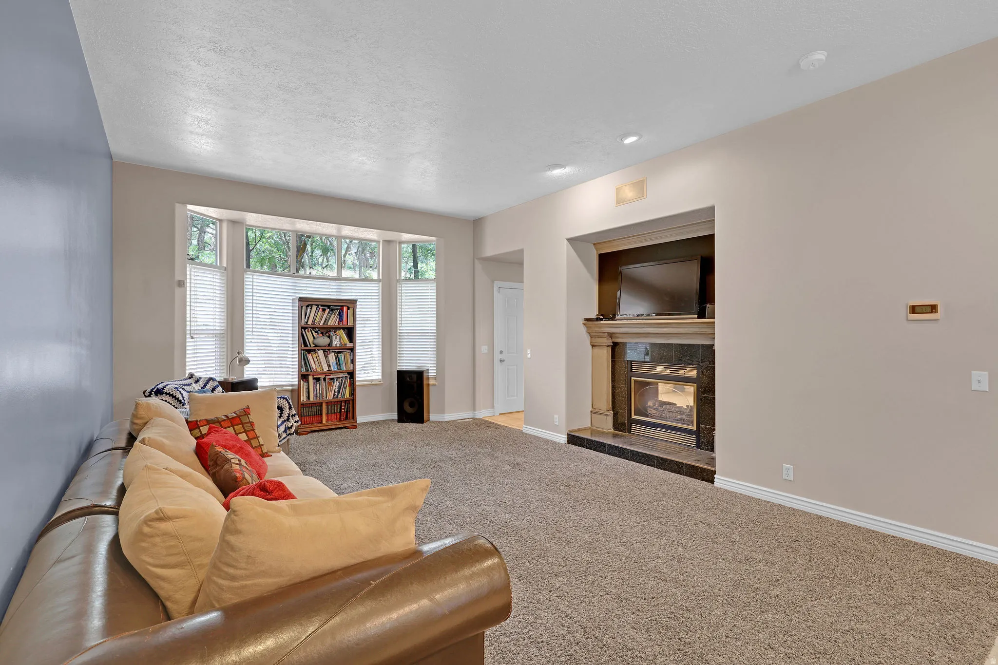 Living area featuring carpet floors, a fireplace, and a textured ceiling