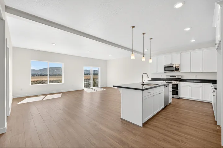 Kitchen with dark countertops, open floor plan, white cabinetry, stainless steel appliances, and dark wood-style flooring