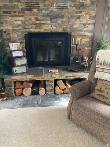 Detailed view of carpet flooring and a glass covered fireplace
