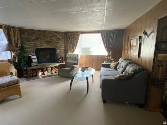 Carpeted living room with wood walls and a fireplace