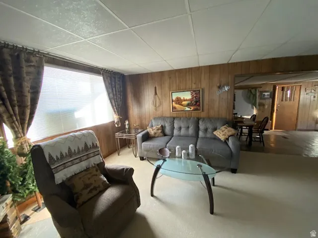 Living room featuring wooden walls, carpet flooring, and a drop ceiling