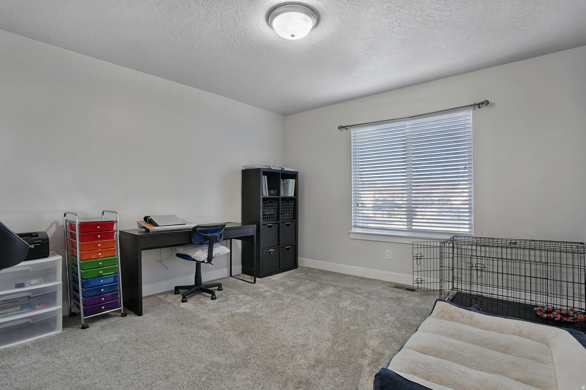 Office area with light colored carpet and a textured ceiling