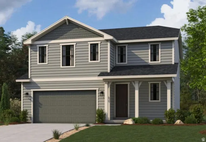 View of front of house featuring an attached garage, driveway, a porch, a front lawn, and roof with shingles