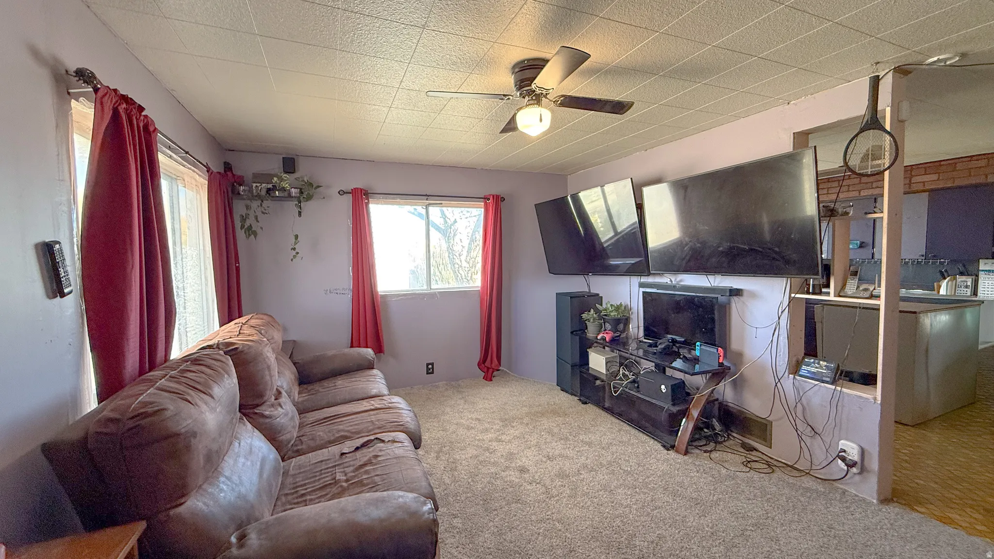 Living area featuring carpet and a ceiling fan