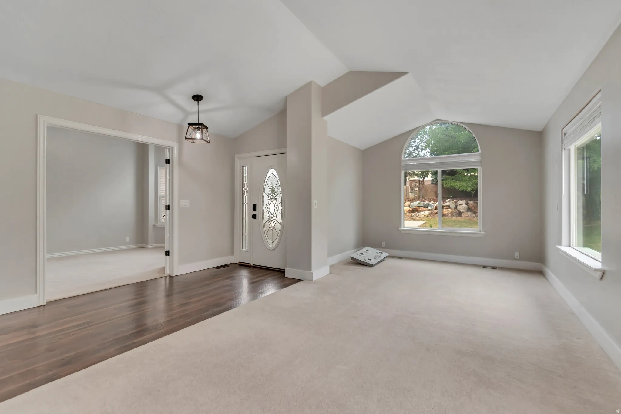 Entrance foyer featuring lofted ceiling, carpet, and wood finished floors