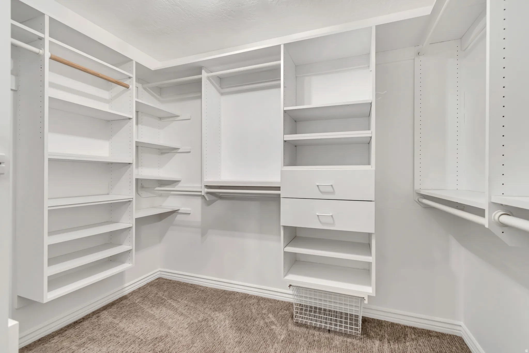 Walk in closet with light colored carpet