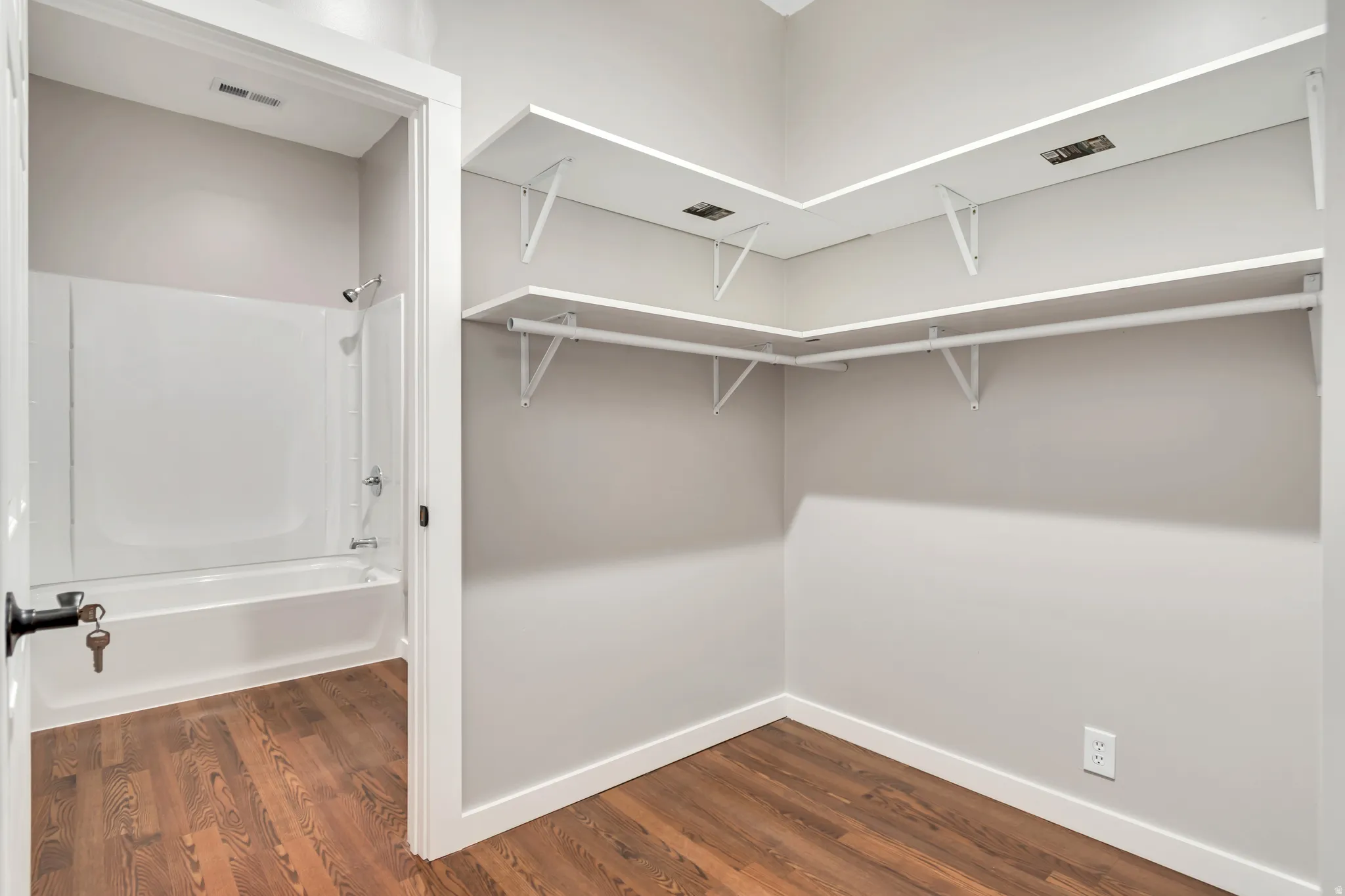 Spacious closet featuring dark wood-style flooring
