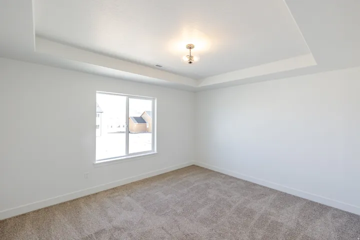 Carpeted empty room featuring a raised ceiling and baseboards