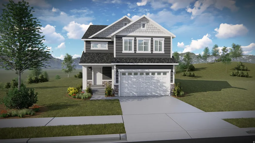 Craftsman house featuring an attached garage, a front lawn, stone siding, driveway, and a mountain view