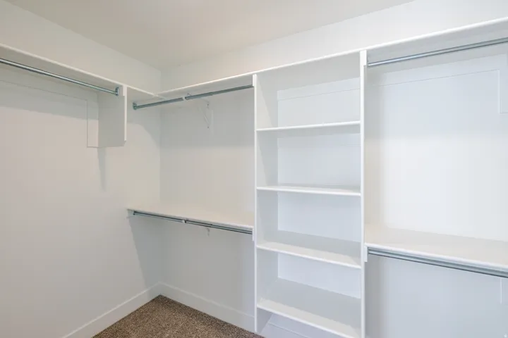 Walk in closet featuring light carpet