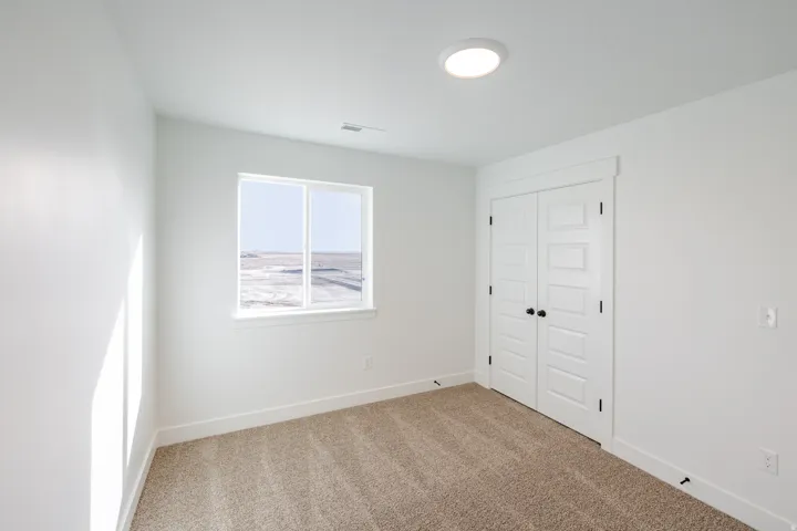 Unfurnished bedroom featuring a closet and light carpet