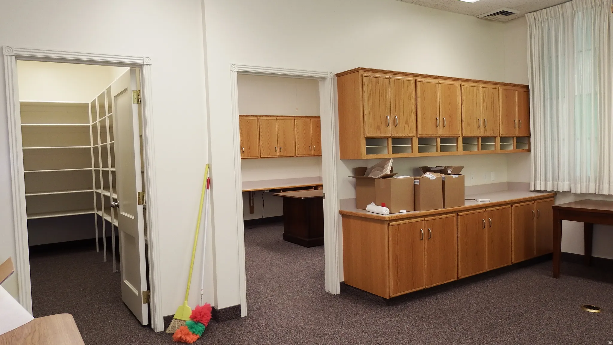 Home office with a textured ceiling