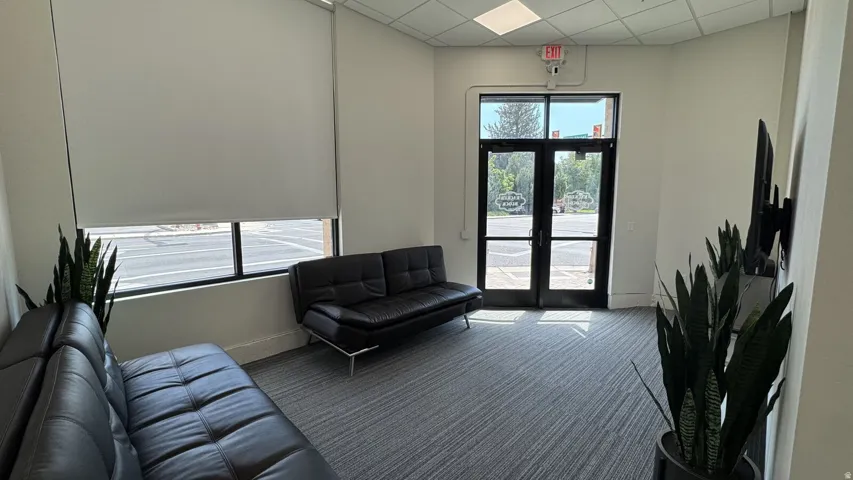 Building lobby with a paneled ceiling