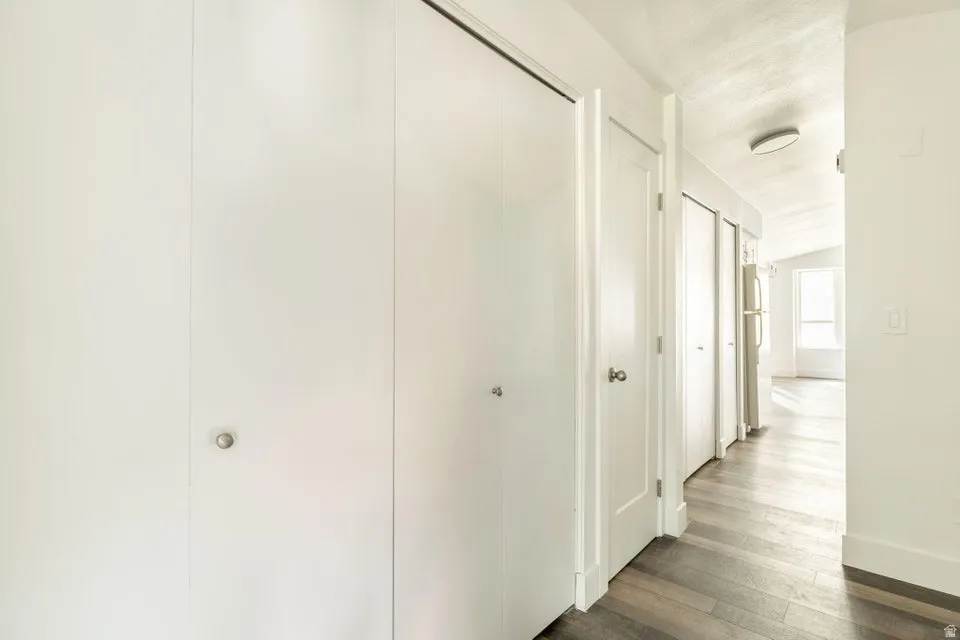 Hall with dark wood-type flooring and vaulted ceiling