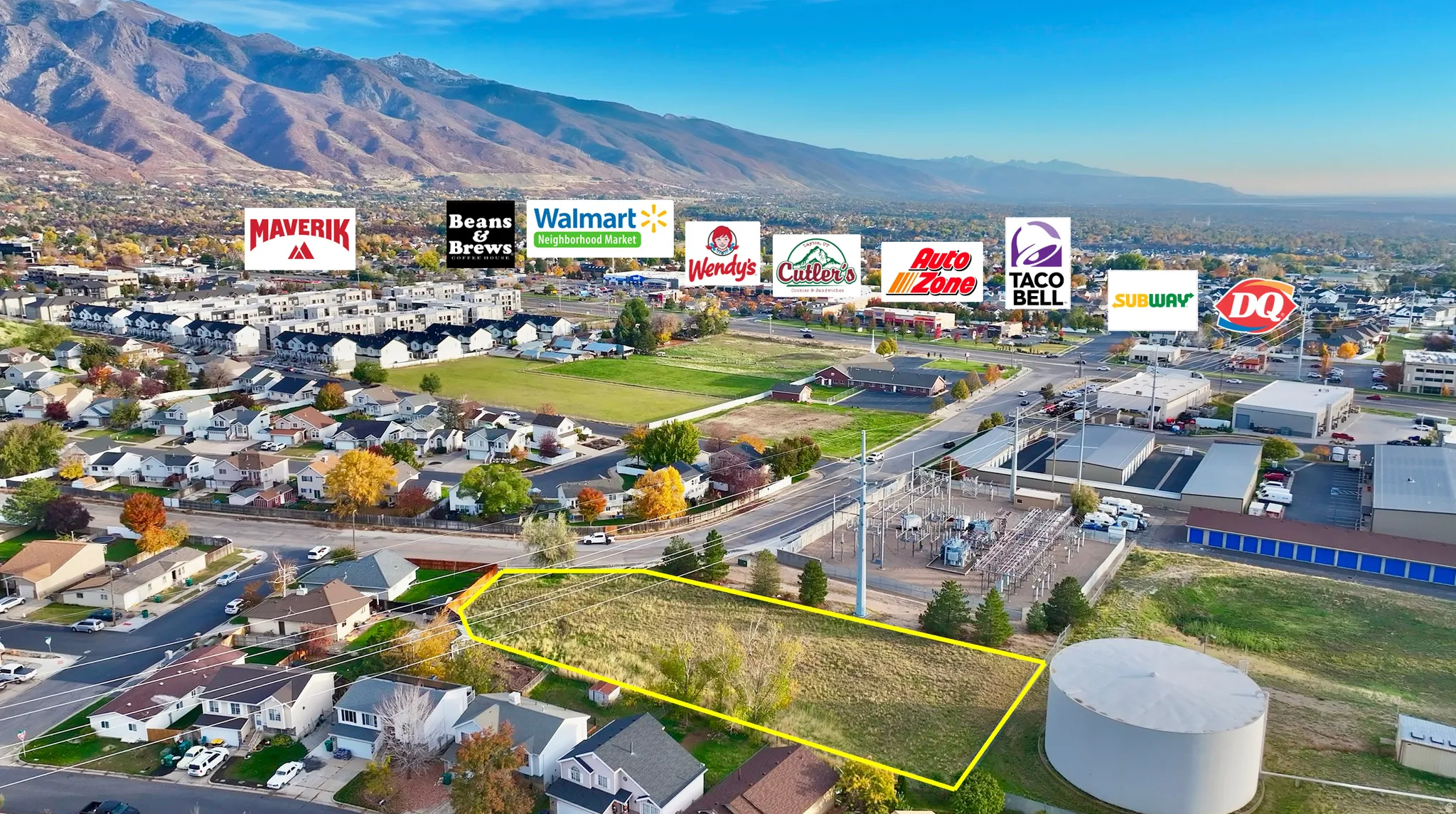 View of property location with a mountain backdrop and property boundaries highlighted