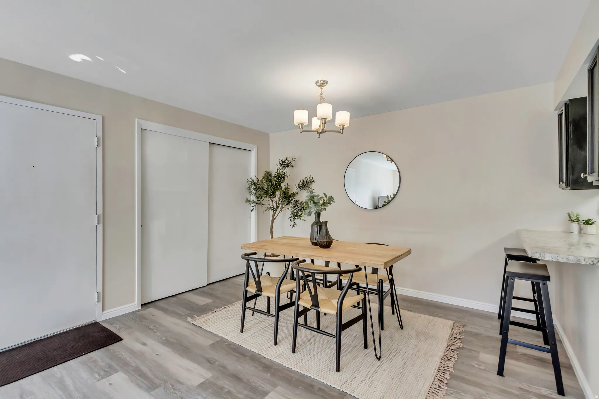 Dining area showing kitchen bar, front door and large closet